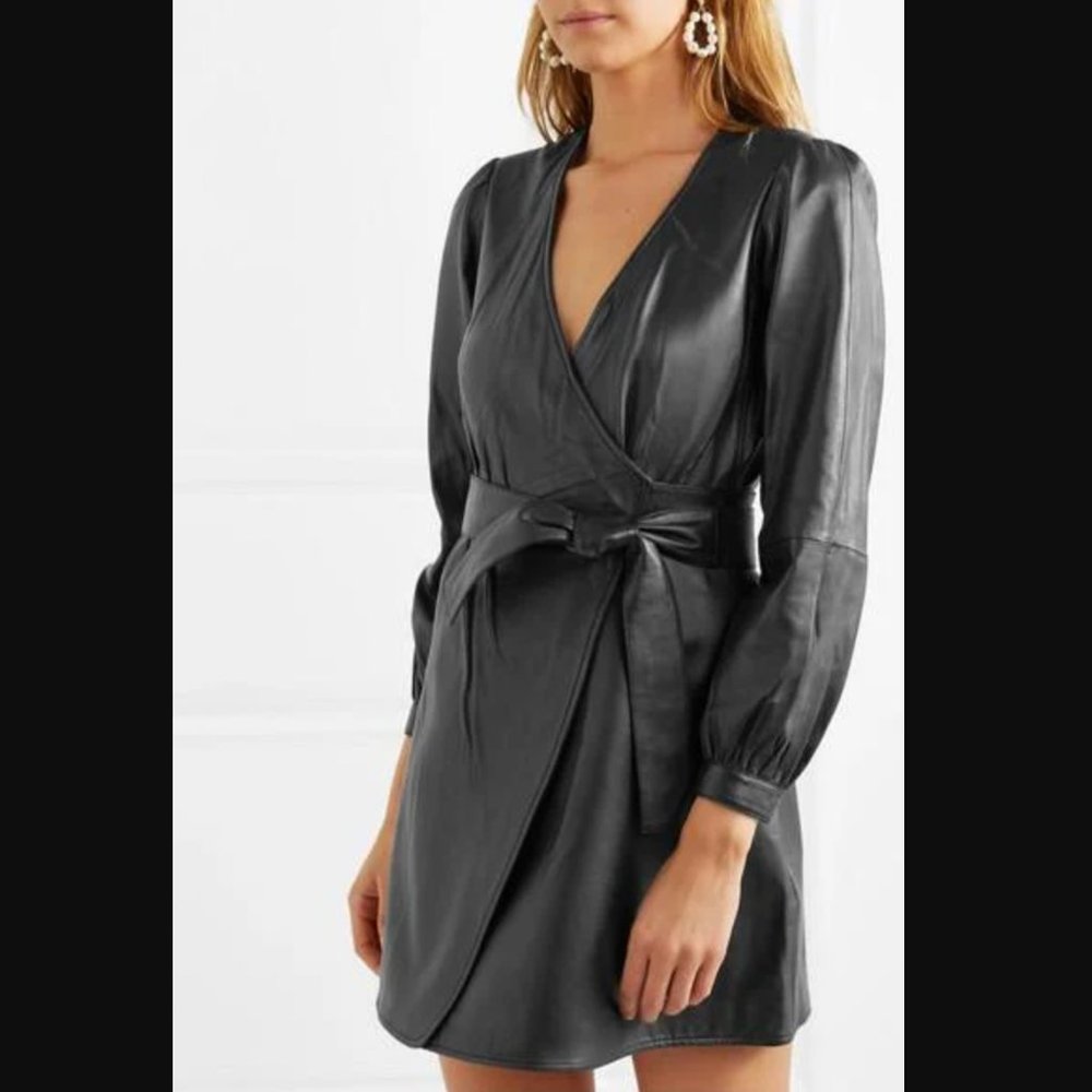 Maje Rosetola Long Sleeve Leather Wrap Dress Black Size 1 - Picture 4 of 17